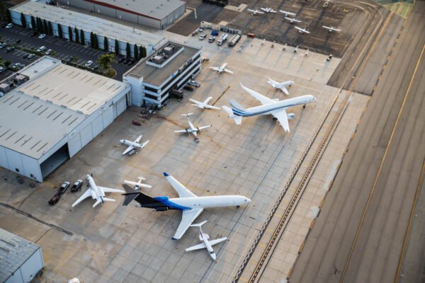 Airport with parked airplanes, view from above