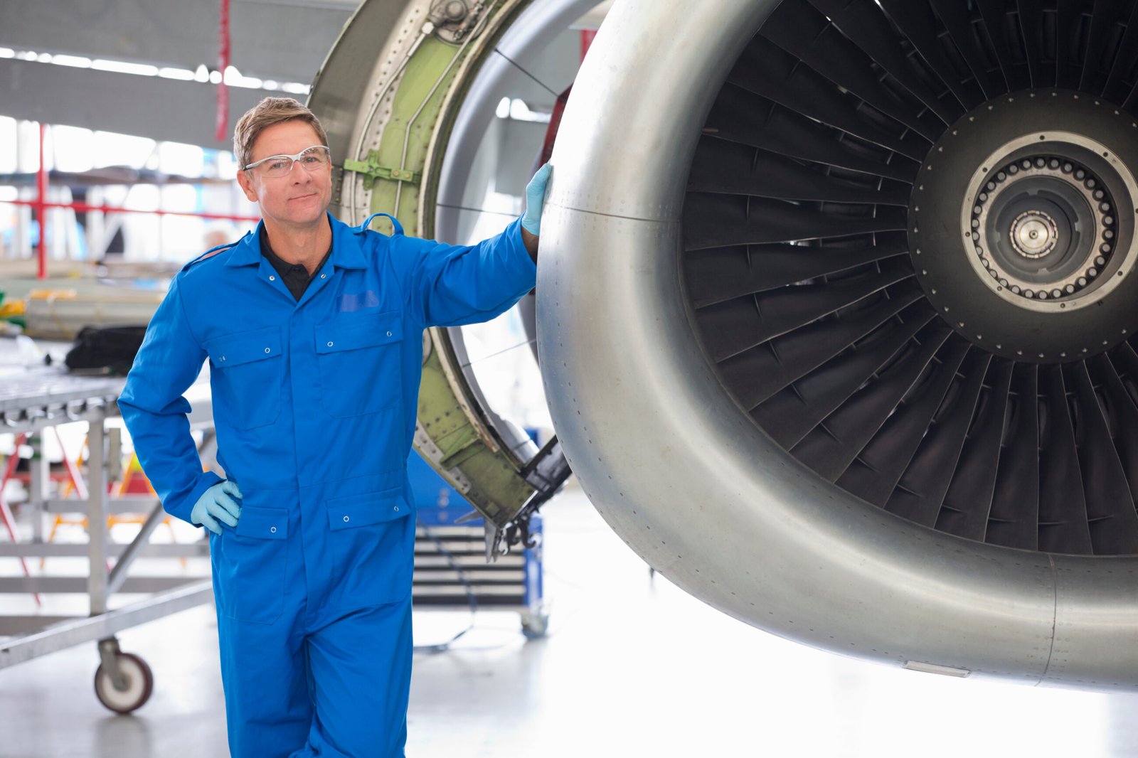 medium shot of-an-engineer-in-safety-glasses-standing by aircraft engine