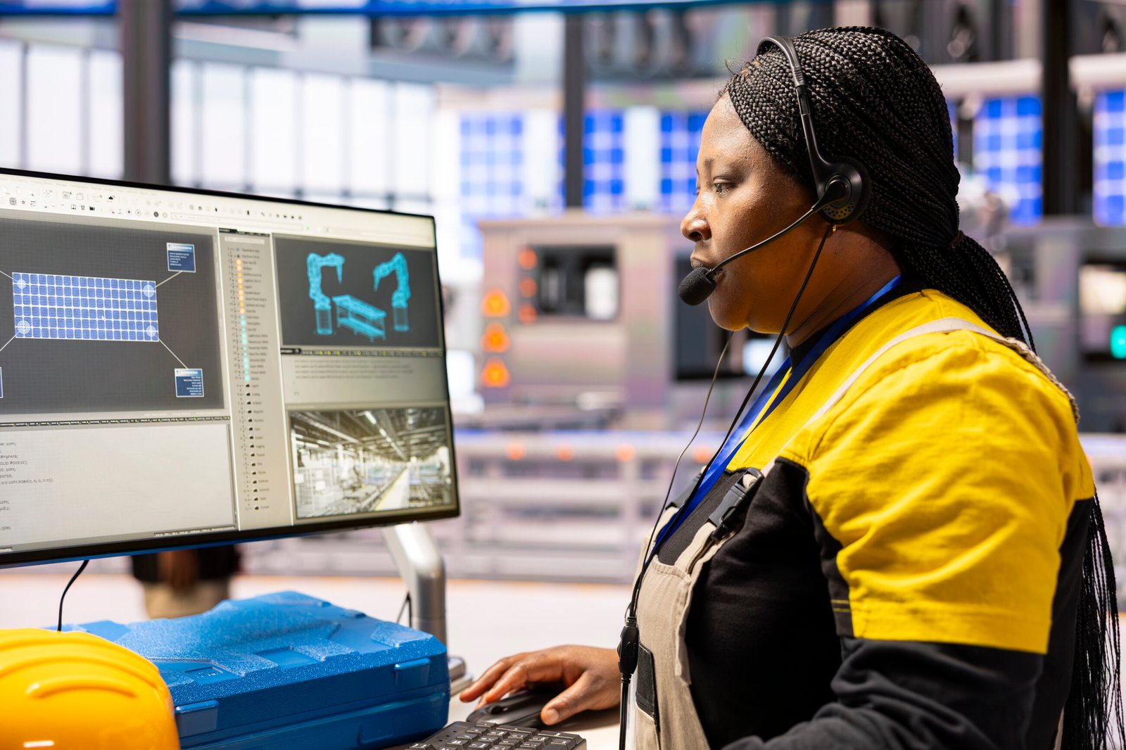 Professional technician manufacturing solar panels in automated factory. Black technician monitors automated factory conveyor belt and robotic arms, ensuring precision in industrial plant. Professional engineer uses computer in manufacturing solar panels.