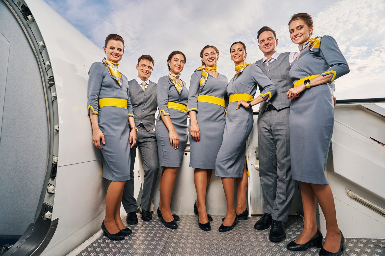 Happy pretty flight attendants walking and holding pilots by the arms in the airport. HR Compliance