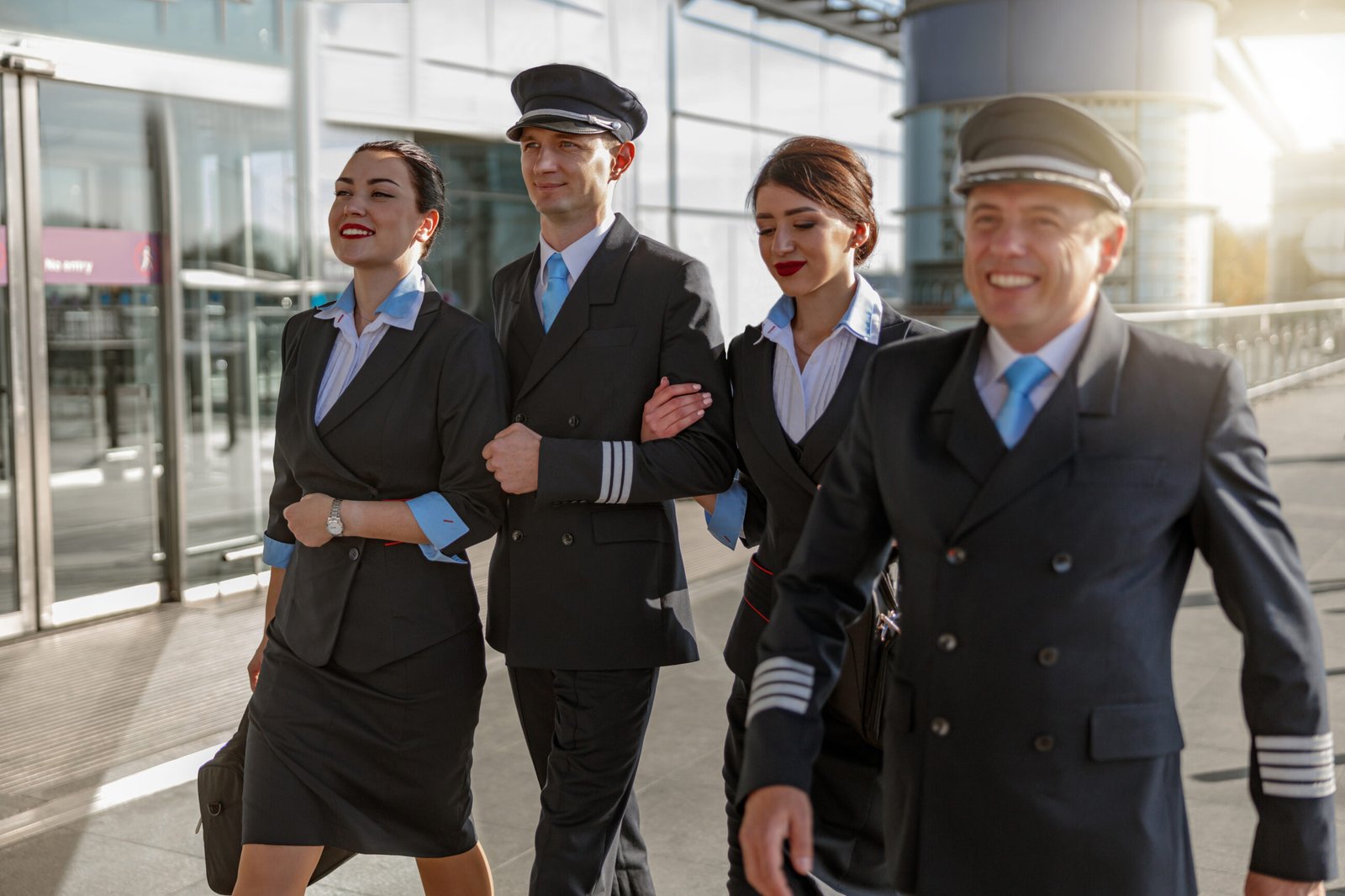 Happy pretty flight attendants walking and holding pilots by the arms in the airport. HR Compliance