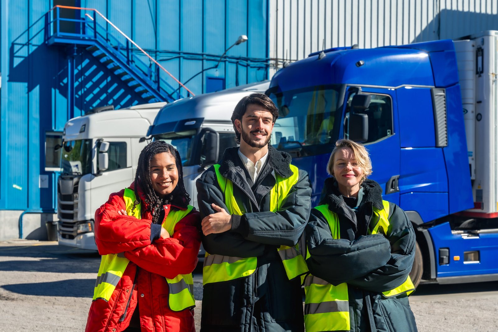 Diverse logistics team in high visibility vests and insulated jackets standing with arms crossed outside a cold storage facility, with refrigerated trucks behind, proud and professional. Compliant Cross Border Employment