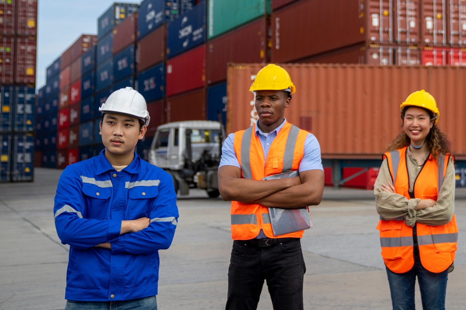 Group of engineer worker and manager standing in the shipping yard container.. Multicultural teams