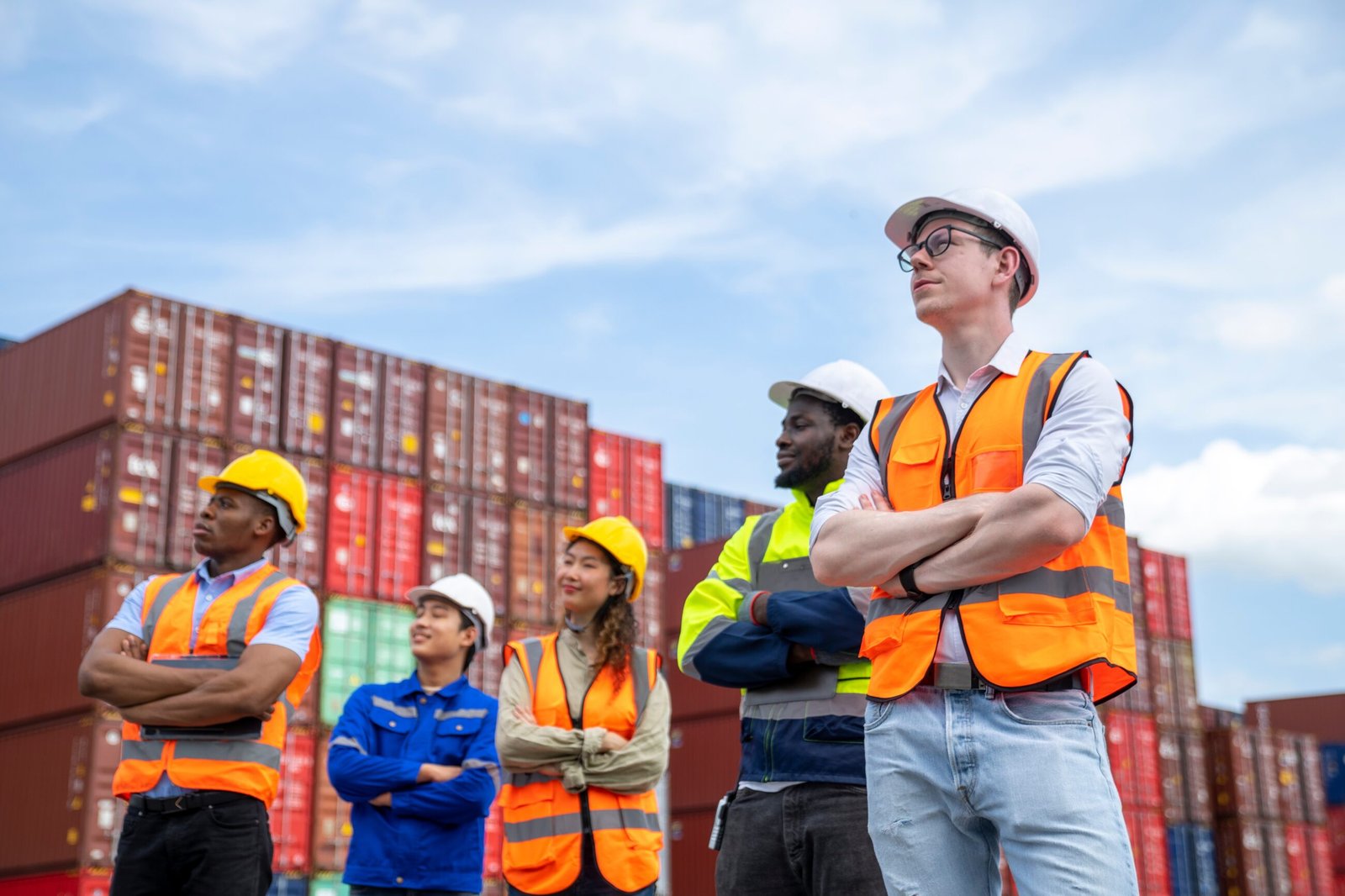 Group of engineer worker and manager standing in the shipping yard . Compliant Cross Border Employment
