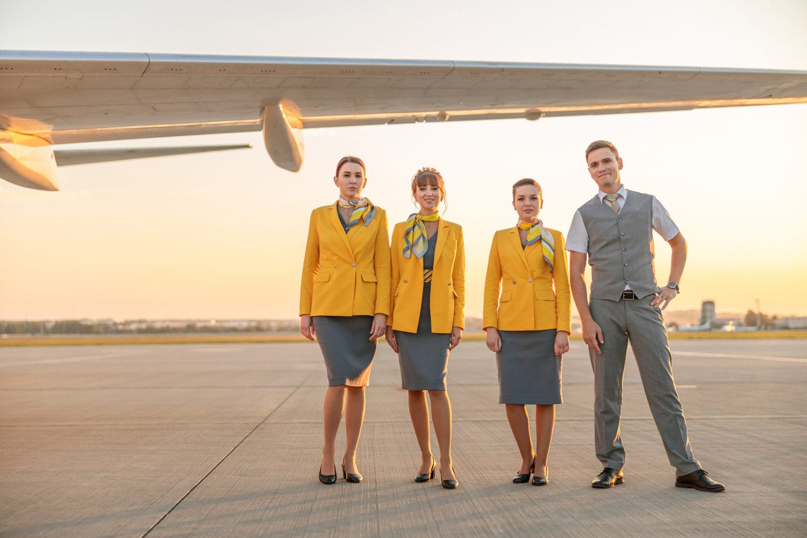 Man and women flight attendants on airline uniforms standing outdoors at airfield. Employee retention in aviation