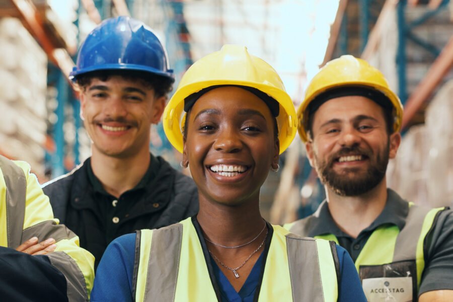 Diverse logistics team members smiling together in a warehouse. Scalable HR frameworks for companies in Malta.