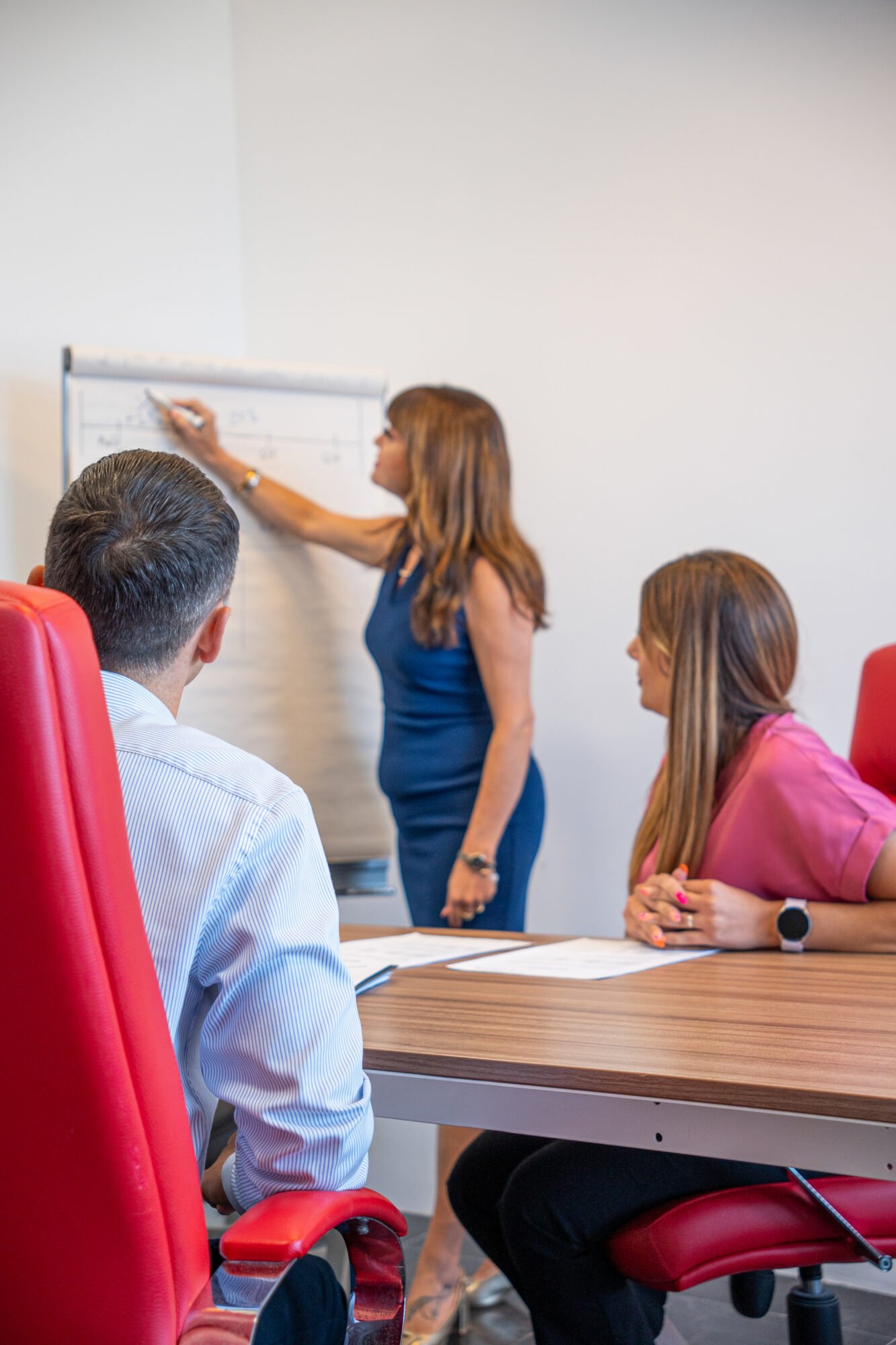 Business team meeting with Giovanna Mirabile writing on a flip chart.