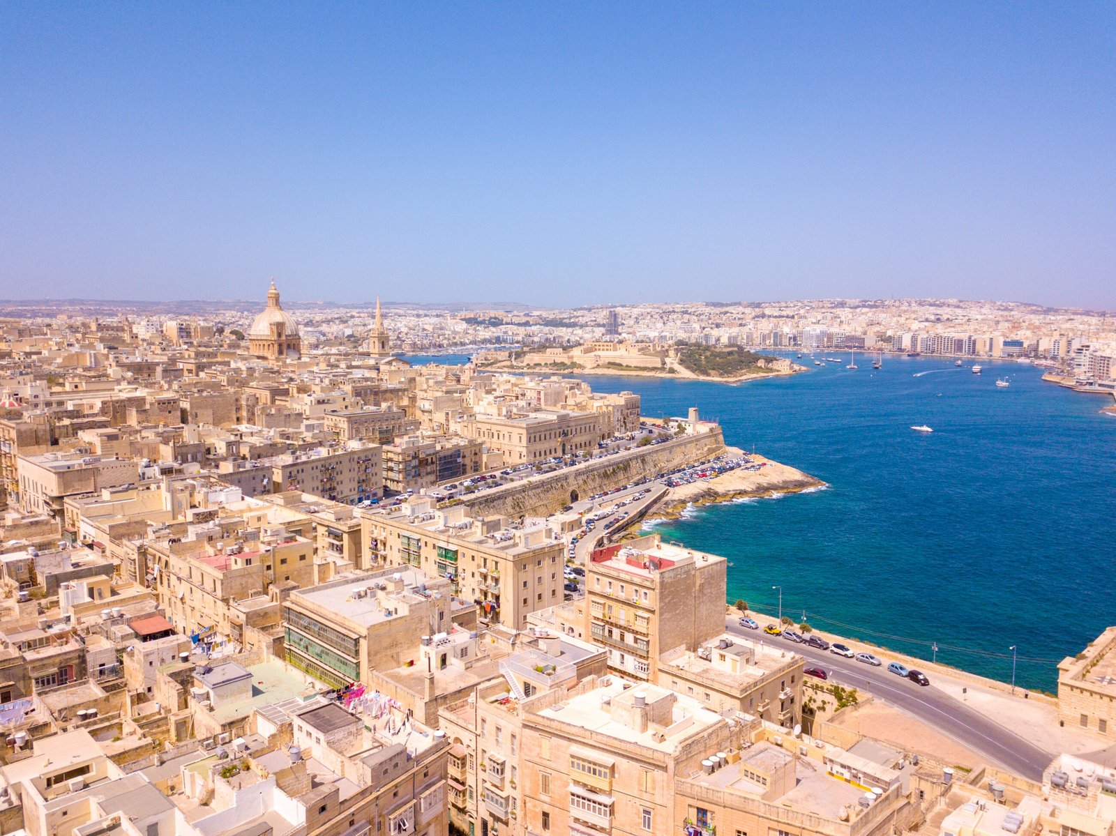 Aerial view of Valletta and the surrounding Maltese coastline and harbour.